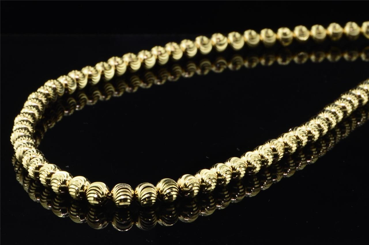 Men's 5mm 10K Yellow Gold Beaded Moon Cut Ball Chain Diamond Cut Design 32 Inches