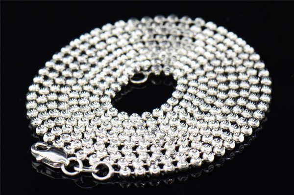 Men's 2mm 10K White Gold Beaded Moon Cut Ball Chain Diamond Cut Design 30"