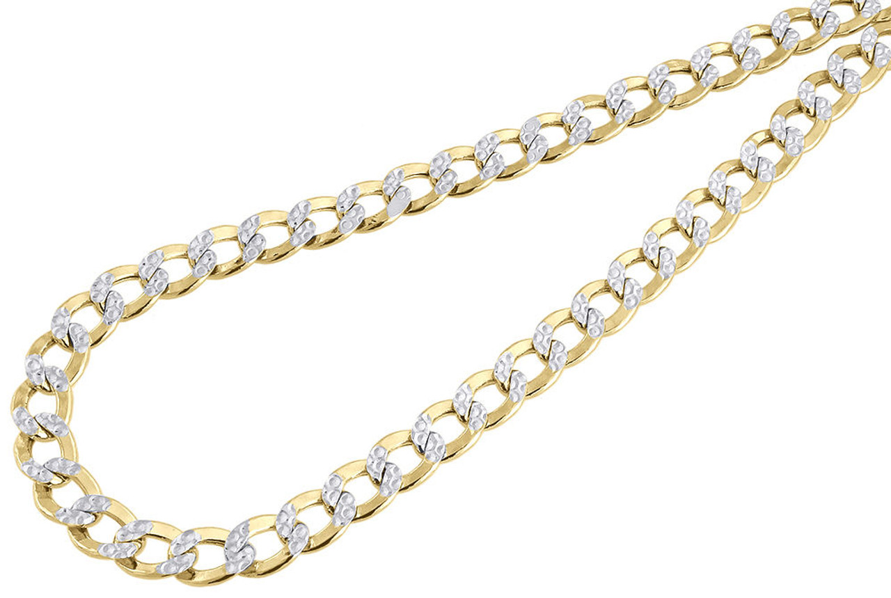 10k Yellow Gold Diamond Cut Pave Flat Cuban Chain 7.75 mm Necklace 22 & 24 Inches